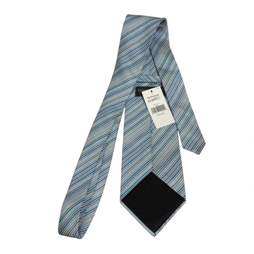 Banana Republic 100% Silk Striped Tie Blue Teal Gray Business Office Classic NWT